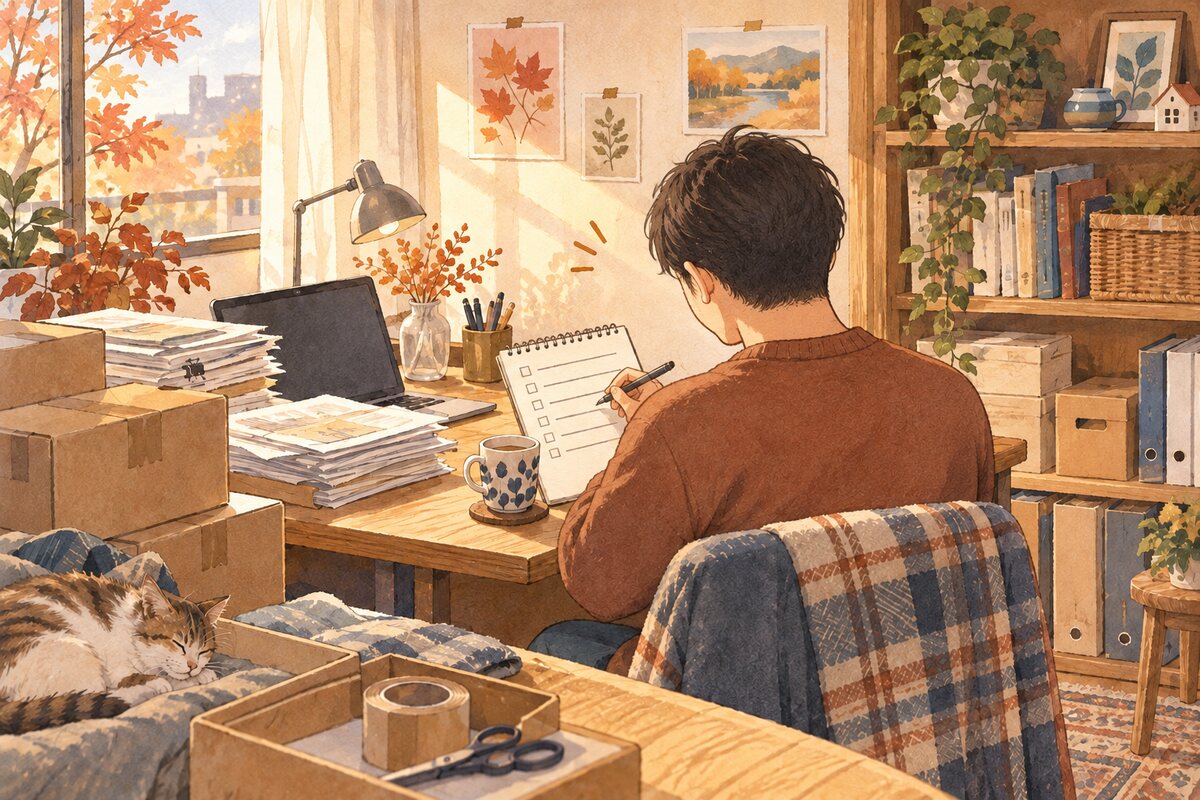 秋の自宅で、男性が机に向かって連休中にやることを計画しているイラスト
